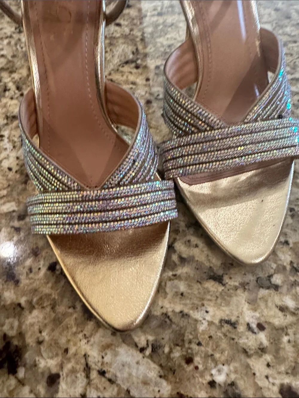 Rouge Helium Strappy Crystal Embellished Gold Women's Heels Size 9